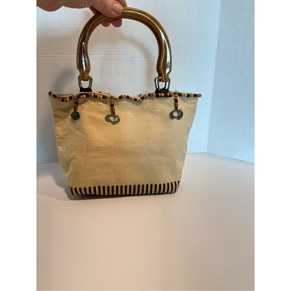 Vintage Canvas Bag Hand made W/ Plastic Handles Applique Small Animal pendants